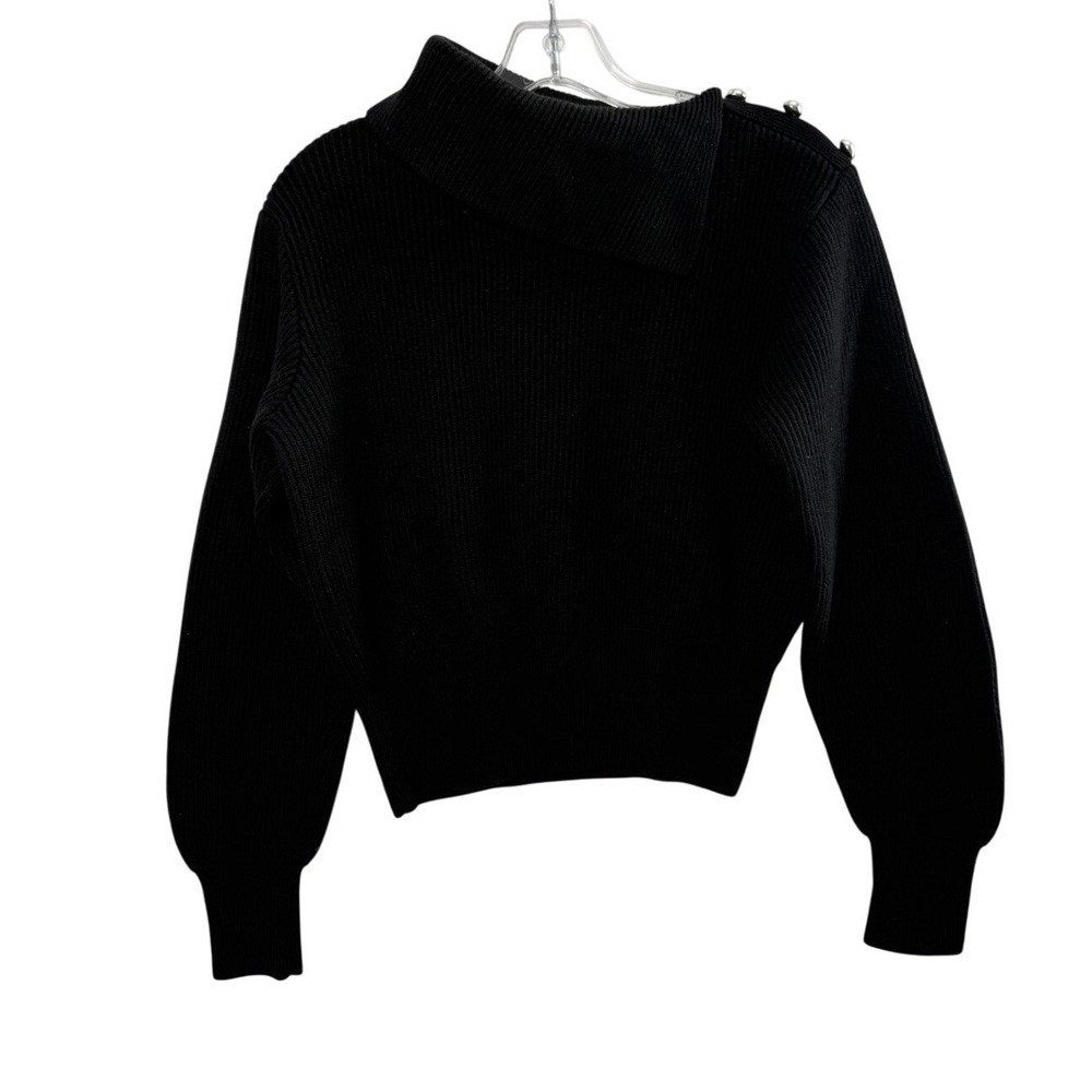 Milly Sweater Womens Medium Black Merino Wool Puff Sleeve Ribbed Knit